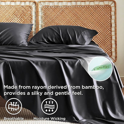 Bedsure Full Size Bed Sheets, Cooling Sheets, Rayon Derived from Bamboo, Breathable & Soft, Deep Pocket Up to 16 Inches, Hotel Luxury Silky Bedding for Hot Sleepers, Black