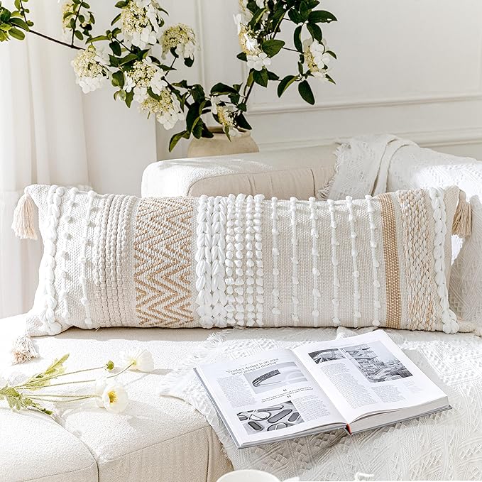 BlissBlush Cream Decorative Lumbar Throw Pillow Cover 14x36 Boho Long Cushion for Bed Neutral Beige White Accent Modern Farmhouse Pillowcase for Bedroom Living Room Couch Sofa Home Décor Cover ONLY
