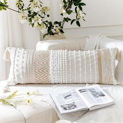 BlissBlush Cream Decorative Lumbar Throw Pillow Cover 14x36 Boho Long Cushion for Bed Neutral Beige White Accent Modern Farmhouse Pillowcase for Bedroom Living Room Couch Sofa Home Décor Cover ONLY