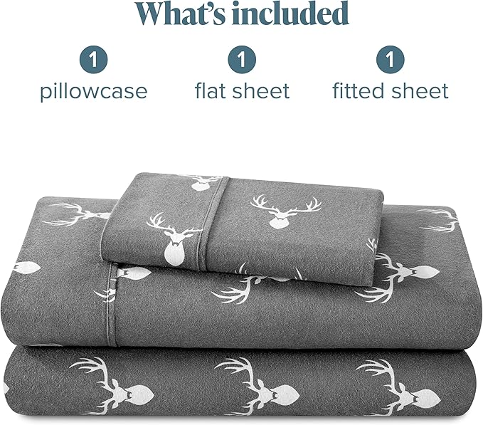 Bare Home Flannel Sheet Set Prints, 100% Cotton, Velvety Soft Heavyweight - Double Brushed Flannel for Extra Softness & Comfort - Deep Pocket - Bed Sheets (Twin, Stag)