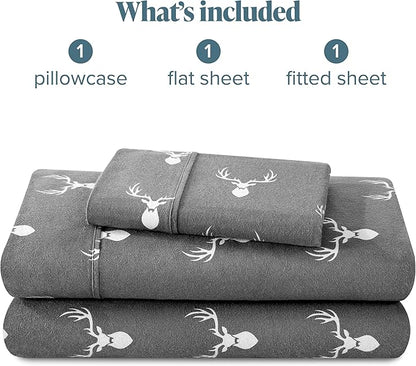 Bare Home Flannel Sheet Set Prints, 100% Cotton, Velvety Soft Heavyweight - Double Brushed Flannel for Extra Softness & Comfort - Deep Pocket - Bed Sheets (Twin, Stag)
