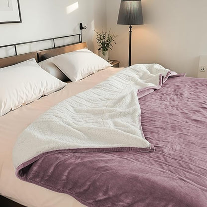 Electric Heated Blanket Queen Size 84"x90" - Dual-Sided with Microplush & Sherpa Fabric, 4 Heat Settings & 10 Hours Auto Off, Dual Controller, Machine Washable - Berry