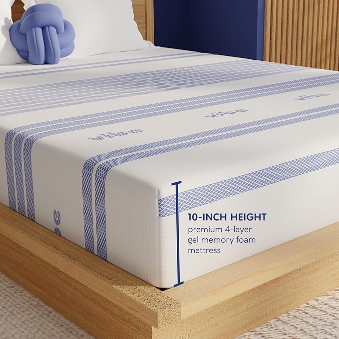 Vibe Gel Memory Foam Mattress, Fiberglass Free 10-Inch CertiPUR-US Certified Bed-in-a-Box, Twin XL, White