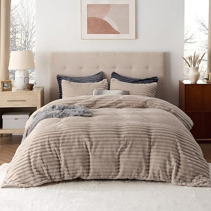 Bedsure Fluffy Duvet Cover Set - Ultra Soft Plush Shaggy Comforter Cover Queen Size, Warm Flannel Fleece Bed Sets for Winter, 3 Pieces (Striped Pattern, Khaki)