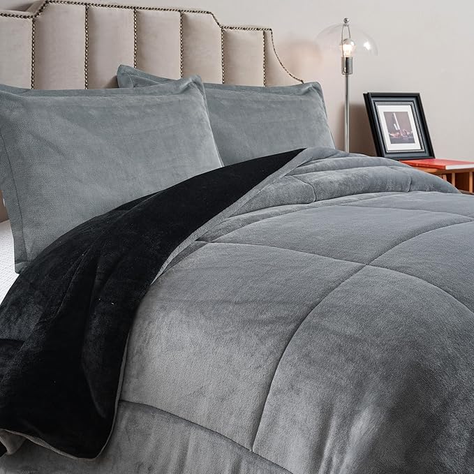 Petrichor Velvet Flannel Queen Comforter Set- Gray and Black Blanket,Luxury Fuzzy Heavy Bedding Set, 3 Pieces Plush Winter Bed Set with Comforter (90"x90") & 2 Pillow Shams (20"x26")