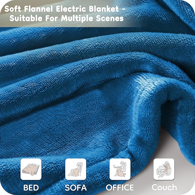 Electric Heated Blanket Twin Size 62×84, Breathable & Luxurious Flannel,Soft Warm Gift with Over-Heat Protection,4 Heating Levels & 10 H Auto Shut Off, Machine Washable, Lake Blue
