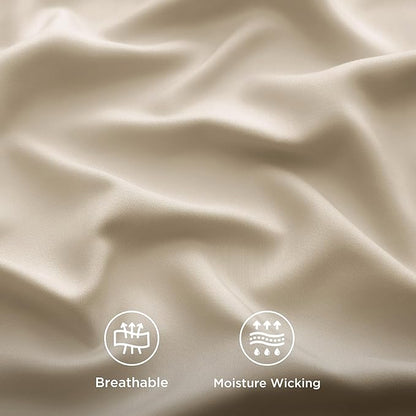 Bedsure Cooling Sheets Twin, Rayon Derived from Bamboo, Cooling Sheets, Breathable & Soft, Deep Pocket Up to 16 Inches, Hotel Luxury Silky Bedding for Hot Sleepers, Beige