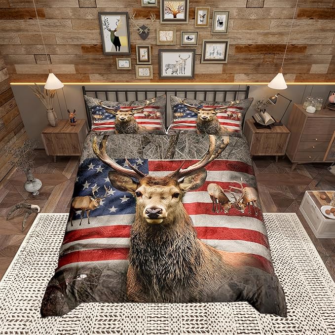 Wildlife Deer Duvet Cover Set Full Size, Animal Deer Antler Tree Branch Nature Soft Comforter Cover with 2 Pillowcases, Rustic American Flag Stars Stripes Print Polyester Bedding Set (No Comforter)