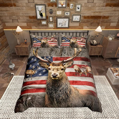 Wildlife Deer Duvet Cover Set Full Size, Animal Deer Antler Tree Branch Nature Soft Comforter Cover with 2 Pillowcases, Rustic American Flag Stars Stripes Print Polyester Bedding Set (No Comforter)