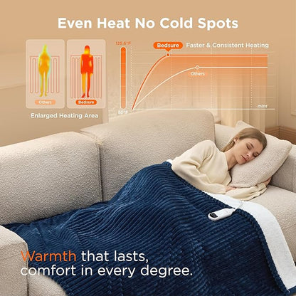 Bedsure GentleSoft Heated Blanket Electric Throw - Soft Ribbed Flannel Electric Blanket, Heating with 4 Time Settings, 6 Heat Settings, and 3 hrs Timer Auto Shut Off, Gifts for Grandma (50"x60", Navy)