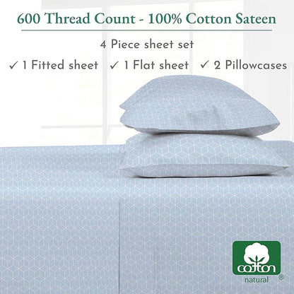 California Design Den California King Sheet Set - 100% Cotton, 600 Thread Count, Deep Pocket, Soft Sateen Premium Cal King Sheet Set - Urban Geometric Pattern