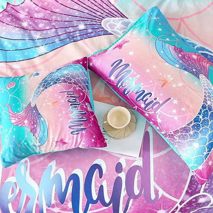 RYNGHIPY Kids Girls Comforter Set 6Pcs, Mermaid Bed in a Bag Queen Size, Fish Tail Print Teens Girls Bedding Set, Rainbow Bedding Collections