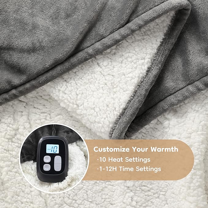 Electric Heated Blanket Full Size - 72"x84", Soft Flannel Heating Blanket, 10 Heating Levels, 1-12 H Auto Shut Off, Breathable Warm and Washable for Bed, Light Grey