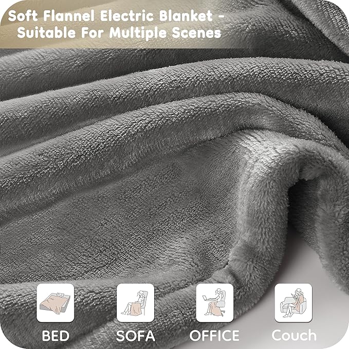 Electric Heated Blanket Twin Size 62×84, Breathable & Luxurious Flannel,Soft Warm Gift with Over-Heat Protection,4 Heating Levels & 10 H Auto Shut Off, Machine Washable, Light Grey