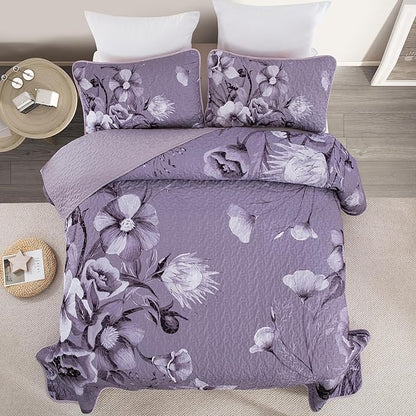 Floral Quilt Set Queen 3 Pieces Dark Purple Boho Flower Quilt Coverlet Set Soft Microfiber Lightweight Floral Quilted Bedspread with 2 Pillow Shams for All Season 90"x96"
