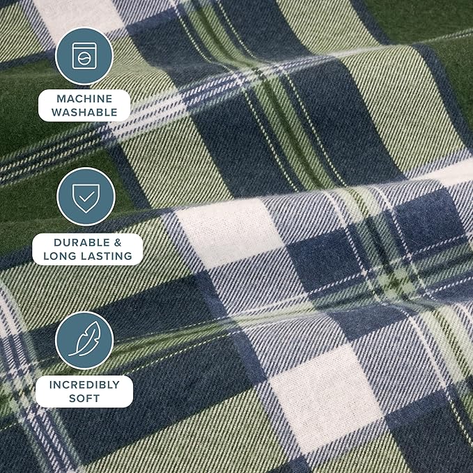 Bare Home Cotton Flannel Sheet Set Prints, 100% Cotton, Velvety Soft Heavyweight - Double Brushed for Softness & Comfort - Deep Pocket - Bed Sheets (Cal King, Enchanted Plaid - Green)