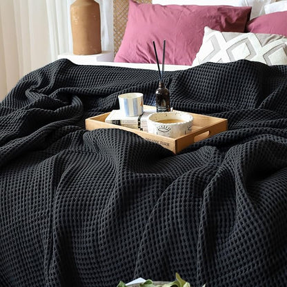 Premium Waffle Blanket Queen XL Size Black - Luxury, Pure 100% Turkish Cotton, Light & Airy Waffle Weave All-Season Quilt - Decorative Bedspread (Black, Queen XL 95" x 102" Inch)