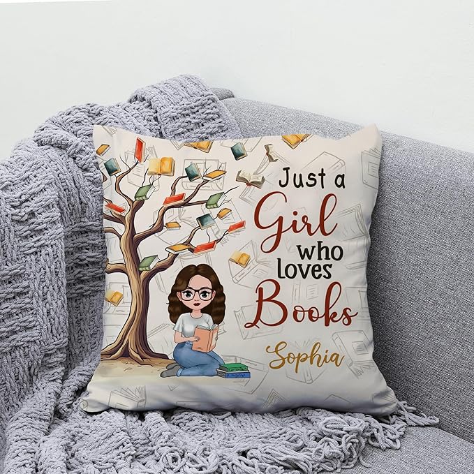 Hyturtle Personalized Book Pillow (Insert Included) Gifts for Girls Book Lovers, Reading Club Librarian on Birthday, Just A Girl Who Loves Books Custom Name Couch Cushion Decor Throw Pillow
