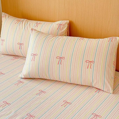 AOJIM Pink Bow Duvet Cover Set 3PCS for Kids Adults, 1 Soft Breathable Cotton Comforter Cover Full Size and 2 Pillowcases, Rainbow Striped Bedding Duvet Cover Set for Room Decor, Machine Washable