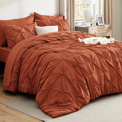 Bedsure Full Comforter Set Burnt Orange - Bed in a Bag Full Size Bedding Set 7 Pieces, GentleSoft™ Pintuck Bed Set Gift for Family, Pinch Pleat All Season Comforter with Sheets, Pillowcases & Shams