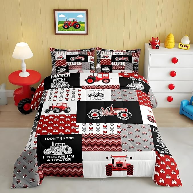 Feelyou Cartoon Tractor Comforter Set Farm Tractor Down Duvet for Kids Boys Toddler Vehicle Truck Bedding Set Harvester Excavator Comforter 1 Comforter Set with 2 Pillowcases King Size