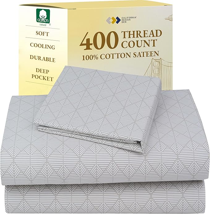 California Design Den Deep Pocket Twin Sheets Set - 400 Thread Count Sateen, Natural 100% Cotton Bed Sheets, Deep Pocket and Durable Bedding Set - Taupish-Sage Crosshatch