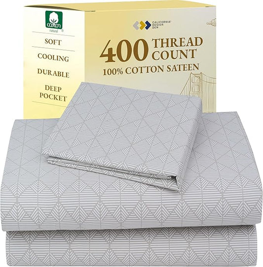 California Design Den Deep Pocket Twin Sheets Set - 400 Thread Count Sateen, Natural 100% Cotton Bed Sheets, Deep Pocket and Durable Bedding Set - Taupish-Sage Crosshatch