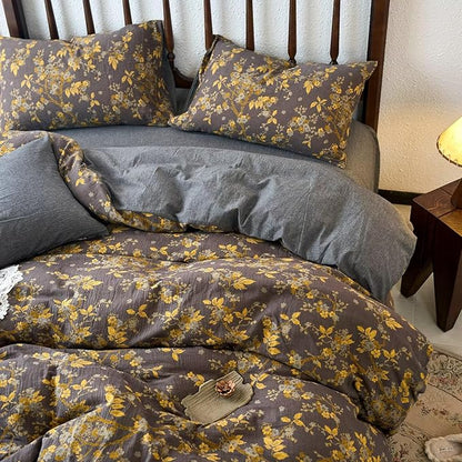 BuLuTu Jacquard Textured Muslin Duvet Cover Set King, Cottage Comforter Cover Yellow Floral, Ultra Soft Breathable Yarn-Dyed Cotton Quilt Cover with 2 Pillow Cases, 104"x90", All Seasons