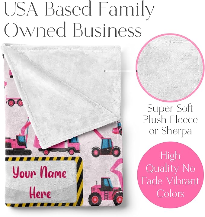 Personalized Construction Truck Blanket for Girls and Boys, Cute Custom Name Throw in Blue or Pink, Colorful Heavy Duty Vehicle Theme, Soft and Plush, Christmas or Birthday, (Fleece 60x80)