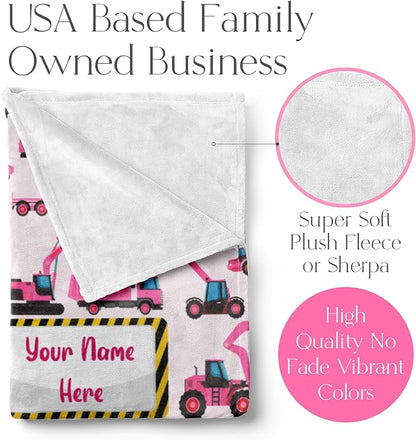 Personalized Construction Truck Blanket for Girls and Boys, Cute Custom Name Throw in Blue or Pink, Colorful Heavy Duty Vehicle Theme, Soft and Plush, Christmas or Birthday, (Fleece 30x40)