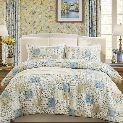 Blue Floral Duvet Cover Set Twin Size 100% Cotton Botanical Patchwork Vintage Bedding Quilt Cover All Season 2 Pieces Soft Lightweight Comforter Cover