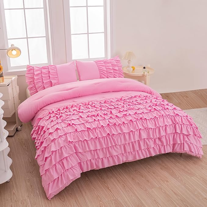 MWMWMW 5 Pcs Girls Pink Comforter Set Twin, Pink Ruffle Princess Bedding Set, Girls Bedding Set Twin with 1 Comforter, 1 Flat Sheet, 1 Fitted Sheet & 2 Pillowcases