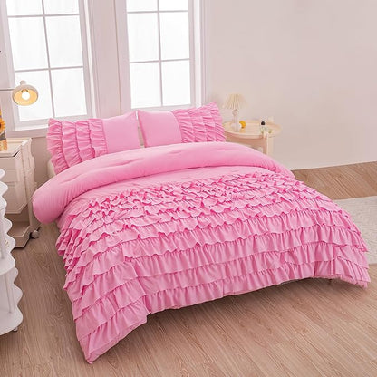 MWMWMW 5 Pcs Pink Comforter Sets Full, Pink Princess Comforter Set, Girls Bedding Sets Full with 1 Comforter, 1 Flat Sheet, 1 Fitted Sheet & 2 Pillowcases