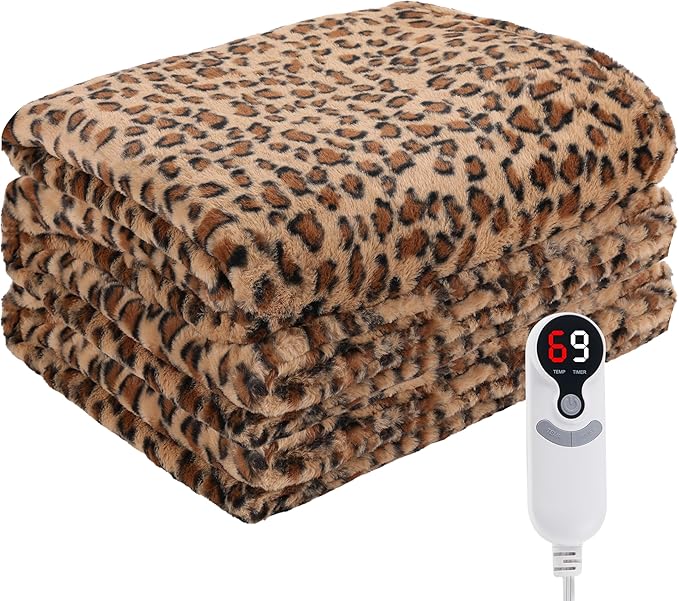 Electric Heated Blanket Full Size 72"x84", Cozy Large Oversized, 6 Heating Levels & 1-10 Hours Auto Off, Machine Washable, Brown Leopard Print
