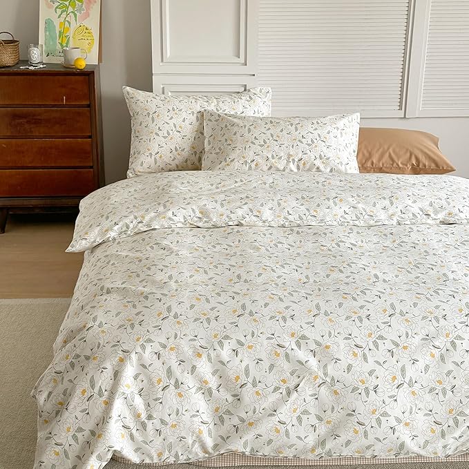 AOJIM Aesthetic Floral Printed Duvet Cover Set for Room Decor, Pure Cotton Comforter Cover Set 3pcs for Kids Adults, 1 Soft Cozy Quilt Cover Queen Size and 2 Matching Pillowcases, No Quilt or Pillow