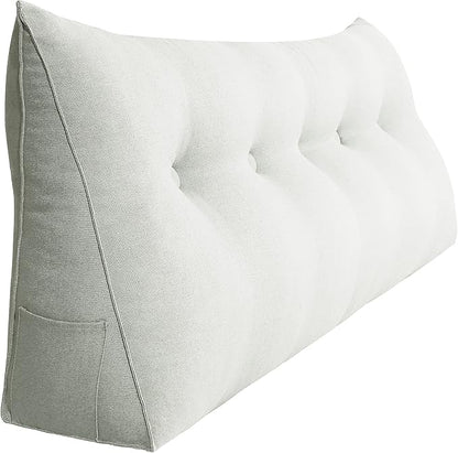 11 lbs Thickened Queen Headboard Pillow Wedge Pillow Headboard Reading Pillow Bed for Comfortable Backrest Reading Triangular Pillow with Side Pocket for Sitting in Bed Cotton Linen White