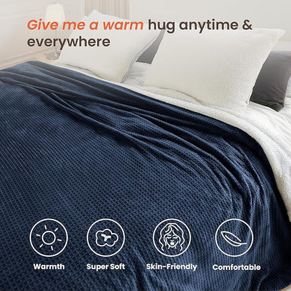 Heated Blanket Electric Blanket King Waffle,90x100 Inches Sherpa Fleece Fast Heating Blanket 6 Heating Levels & 10 Hours Auto Off ETL Certification, Navy King