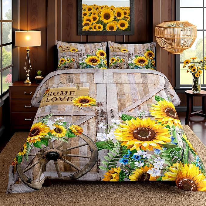 Sunflower Bedding Set Queen Size Rustic Farmhouse Comforter Set Spring Flowers Quilt Set 3pcs for Kids Girls Women Boys Room Decor Home Themed Barn Door Duvet Insert with 2 Pillowcases