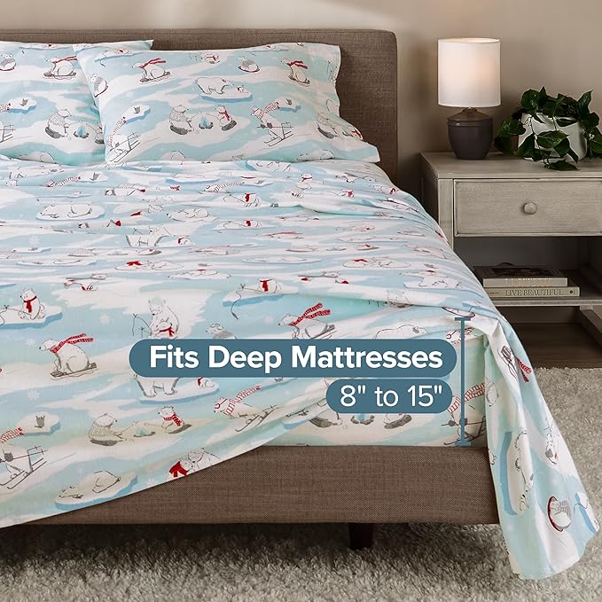 Bare Home Cotton Flannel Sheet Set Prints, 100% Cotton, Velvety Soft Heavyweight - Double Brushed for Softness & Comfort - Deep Pocket - Bed Sheets - Cotton - Flannel - Printed (Cal King, Polar Bears)