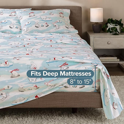 Bare Home Cotton Flannel Sheet Set Prints, 100% Cotton, Velvety Soft Heavyweight - Double Brushed for Softness & Comfort - Deep Pocket - Bed Sheets - Cotton - Flannel - Printed (Cal King, Polar Bears)
