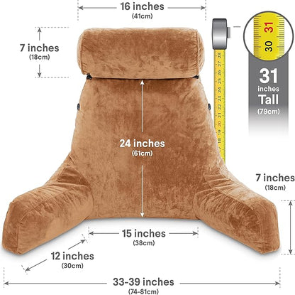 Husband Pillow XXL – Reading Pillow Bed Chair with Arms & Back Support – Tan - Back Pillow for Beds Sitting Up – Bed Rest Arm Pillow – Comfy Reading Pillow for Adults