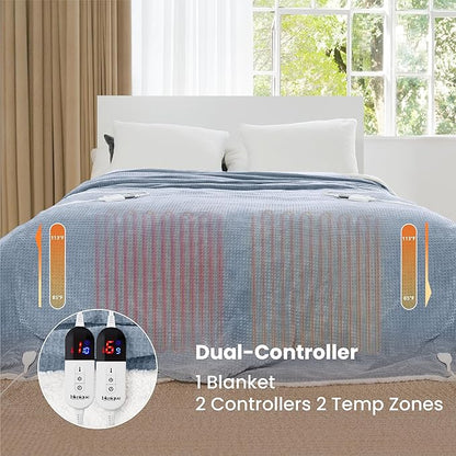 Heated Blanket Electric Blanket King Waffle, 90x100 Inches Dual Controllers Sherpa Fleece Fast Heating Blanket 6 Heating Levels & 10 Hours Auto Off ETL Certification, Haze Blue King