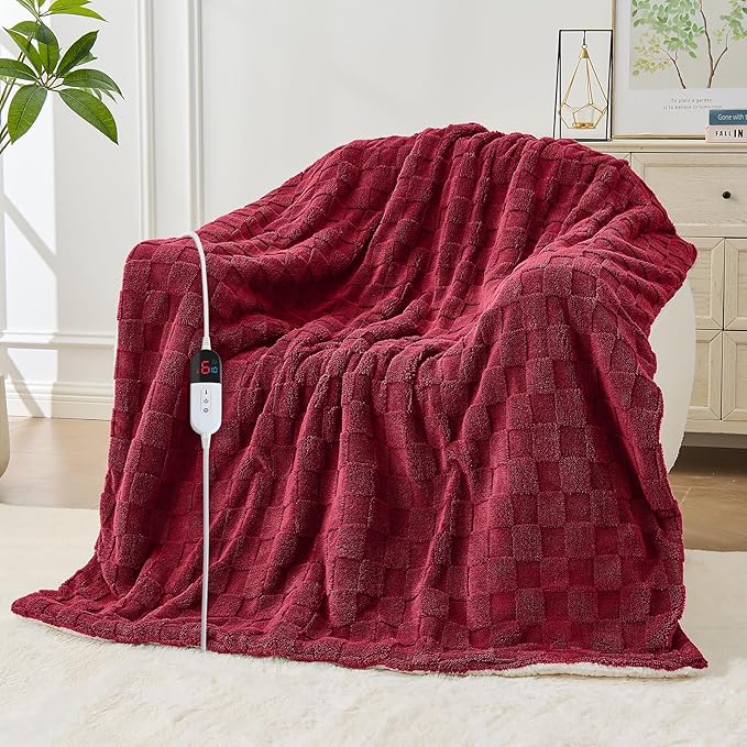 Electric Heated Blanket Twin Size - Jacquard Checkered Sherpa 62"x84" Fast Heating Bed Blankets with 6 Heating Levels & 10 Hours Auto Off, Over-Heat Protection ETL, Red