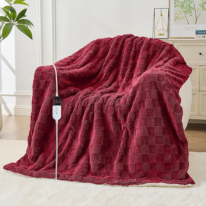 Electric Heated Blanket Twin Size - Jacquard Checkered Sherpa 62"x84" Fast Heating Bed Blankets with 6 Heating Levels & 10 Hours Auto Off, Over-Heat Protection ETL, Red
