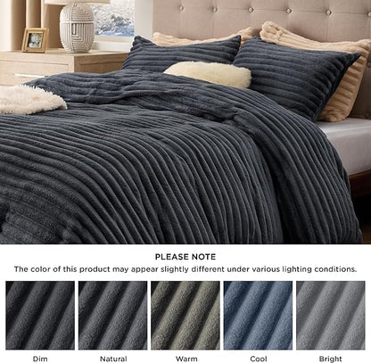 Bedsure Fluffy Duvet Cover Set - Ultra Soft Plush Shaggy Comforter Cover Queen Size, Warm Flannel Fleece Bed Sets for Winter, 3 Pieces (Striped Pattern, Dark Grey)
