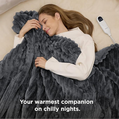 Bedsure Electric Blanket Twin - Thick Striped Flannel Electric Blanket, Heating with 10 Time Settings, 6 Heat Settings, and 8-Hour Timer Auto Shut Off, Gift for Grandma (62x84 inches, Grey)