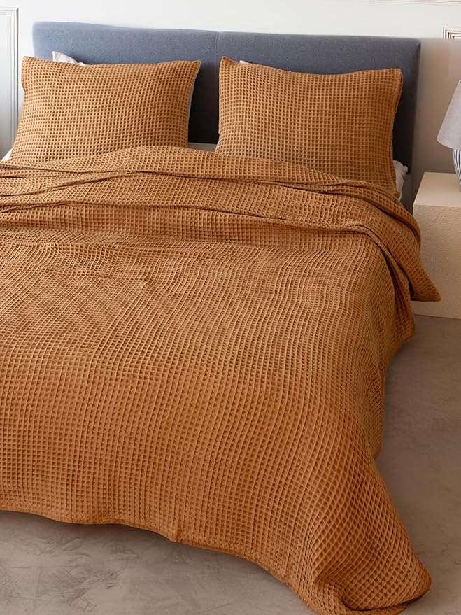 Premium Waffle Blanket Queen Size Caramel - Premium Quality, 100% Turkish Cotton, Light and Airy Waffle Weave All-Season Quilt - Lux Decorative Bedspread (Caramel, Queen 91" x 95" Inch)