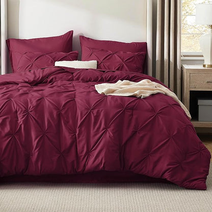 Bedsure California King Comforter Set Burgundy - Bed in a Bag Cal King Bedding Set 7 PCS, GentleSoft™ Pintuck Bed Set Gift for Family, Pinch Pleat Burgundy Comforter with Sheets, Pillowcases & Shams
