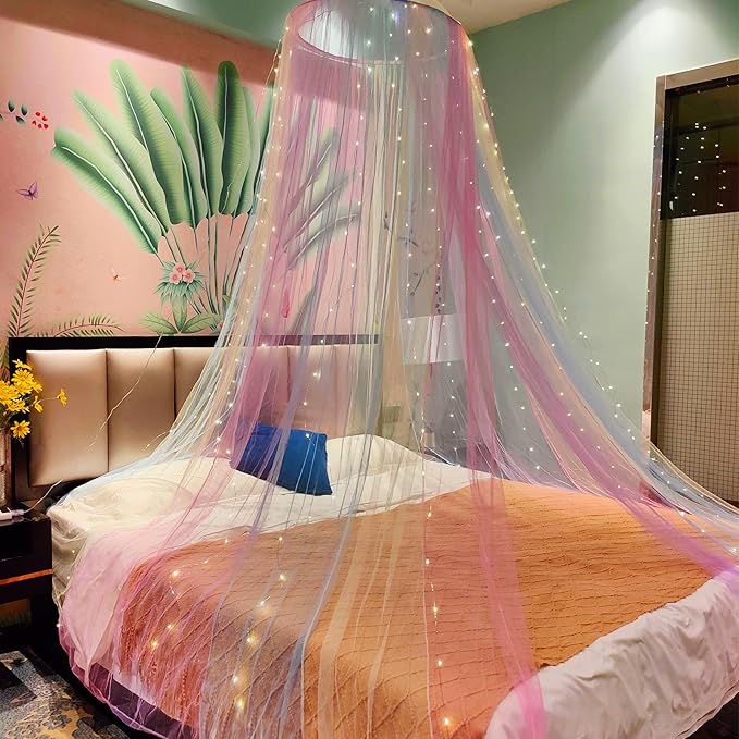 Eimilaly Princess Rainbow Bed Canopy with 250pcs Warm White Curtain Lights, Bed Canopy for Girls Room Decor or Unicorn Theme Party