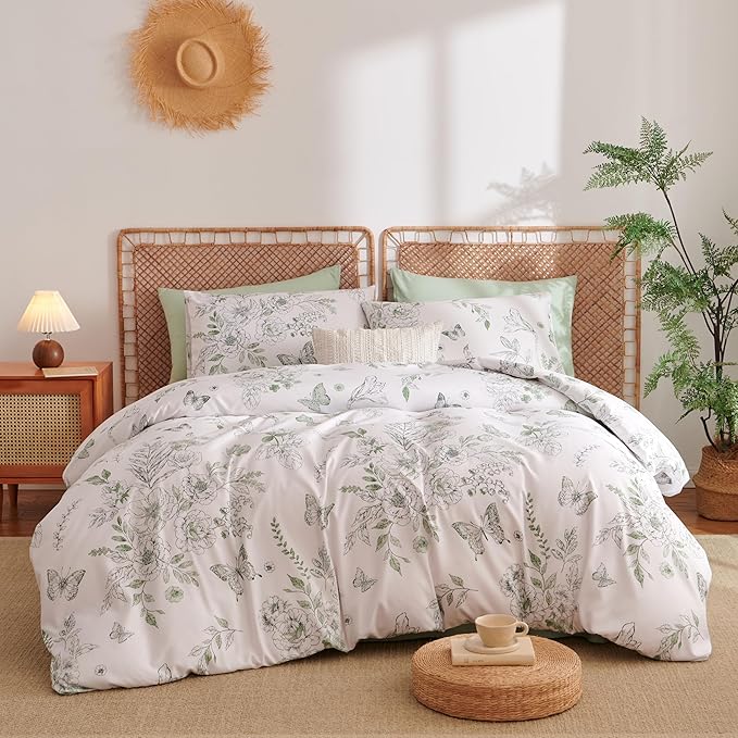 Floral Duvet Cover Queen Size Green Flower Butterfly Bedding Set 3Pcs Romantic Spring Garden Aesthetic Botanical Reversible Cooling Comforter Cover with Zipper Closure & Corner Ties